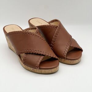 JACK ROGERS Sloane Criss Cross Mocha Leather Cork Wedge Sandals Women’s 6.5